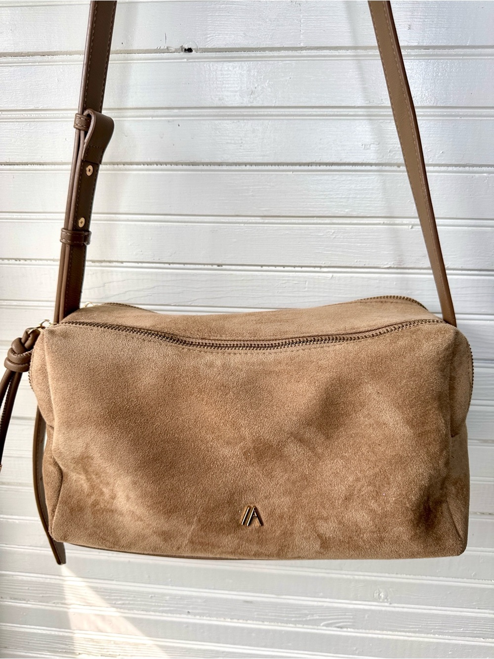 Minimal Taupe Suede Crossbody Bag with Adjustable Strap